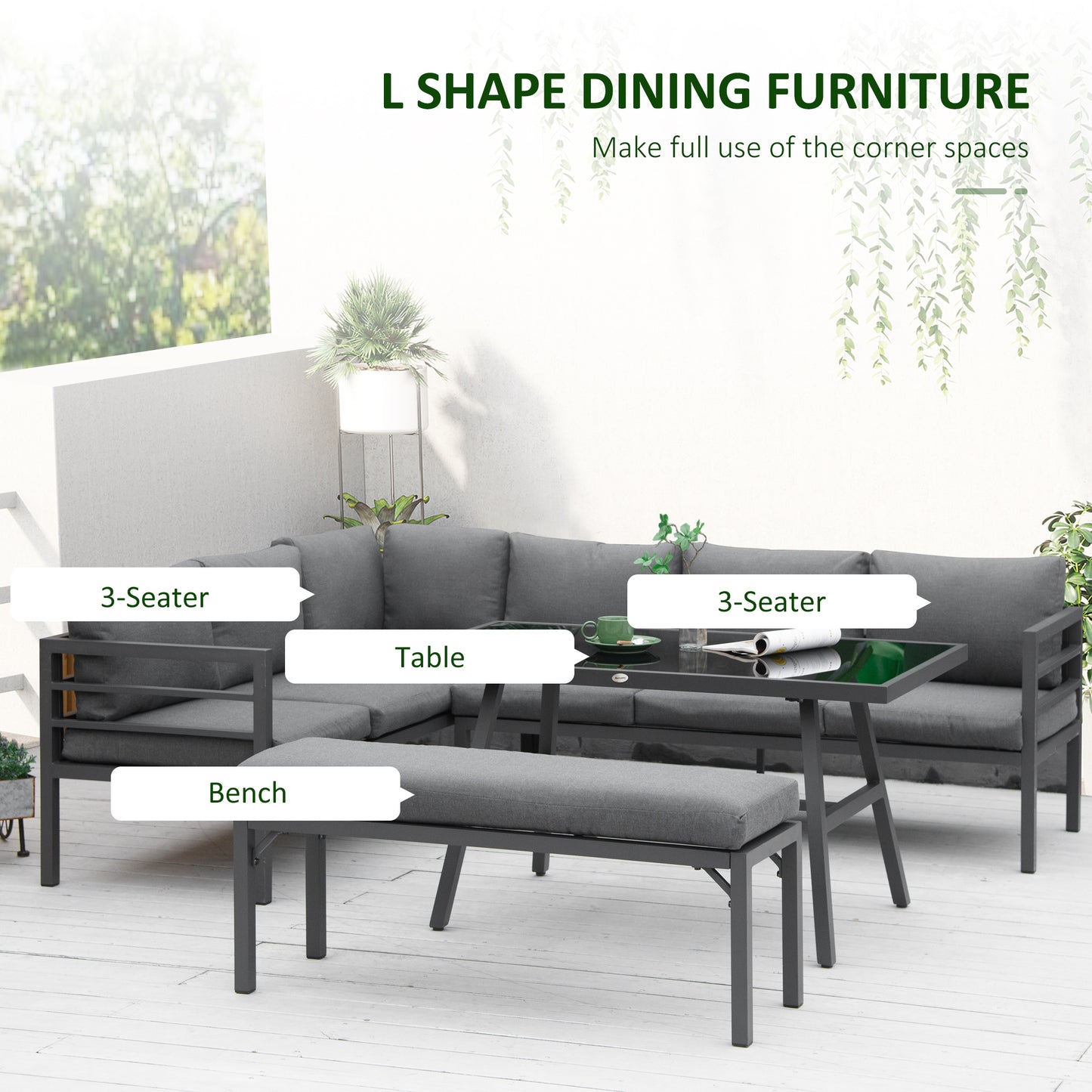 4 Piece L-shaped Garden Furniture Set 8-Seater Aluminium Outdoor