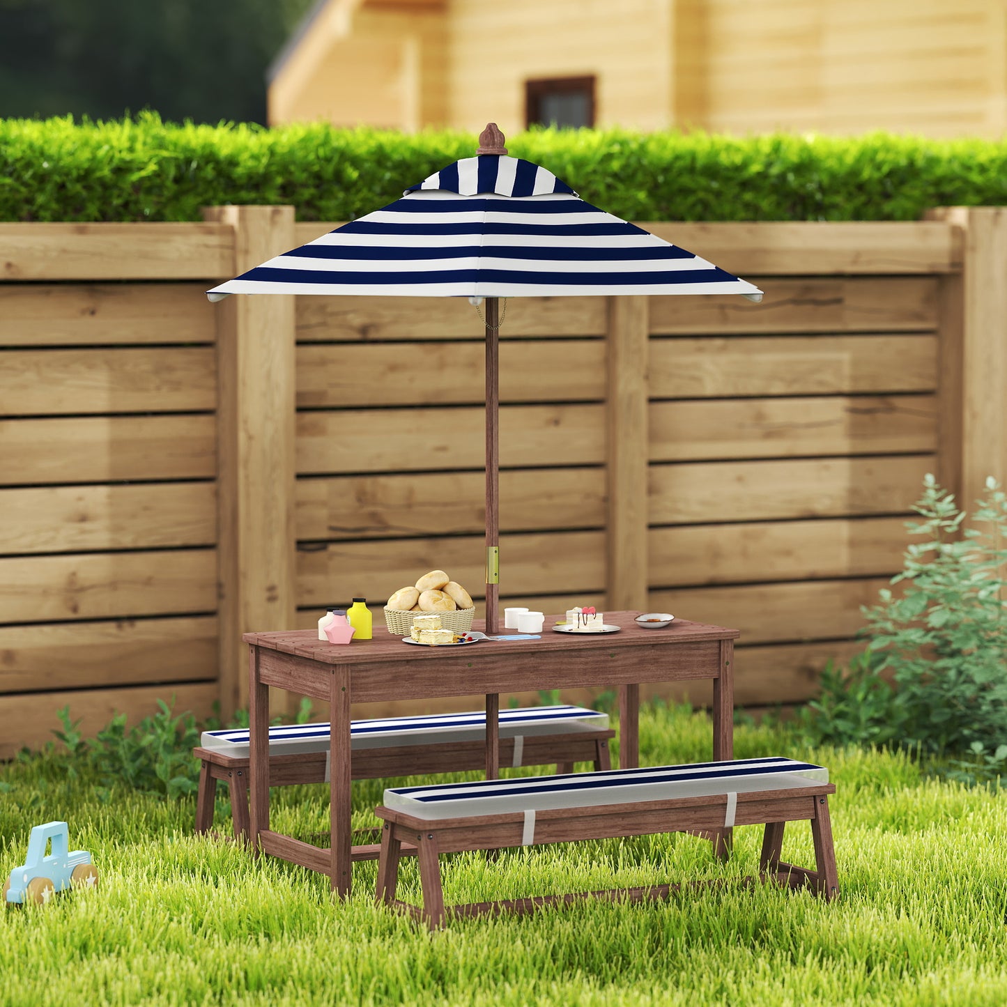 Outdoor Wooden Kids Picnic Table & Bench Set with Cushions