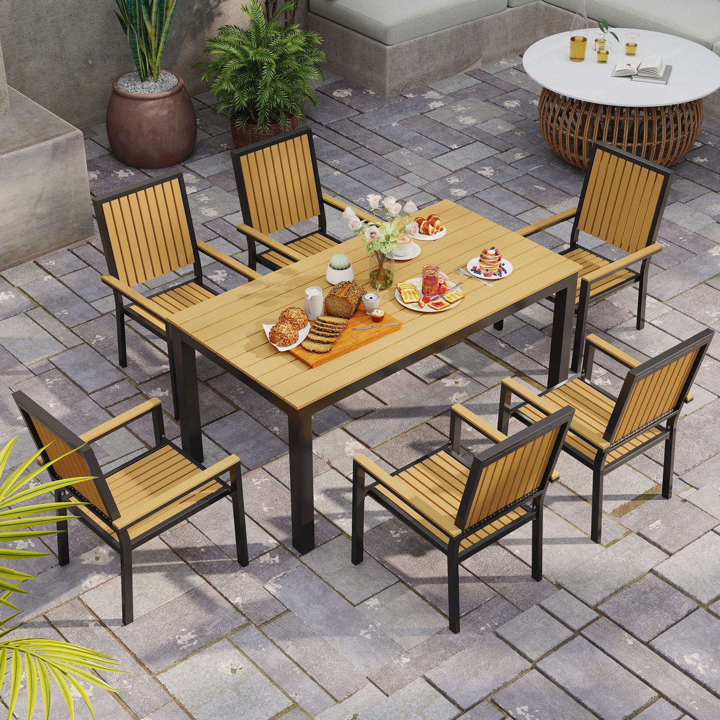 6 Seater Garden Dining Set with Stackable Chairs, Aluminium Frame (1)