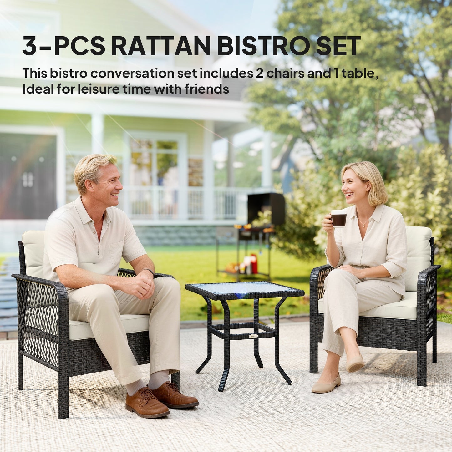 3 Pieces Rattan Bistro Set with Glass Top Coffee Table