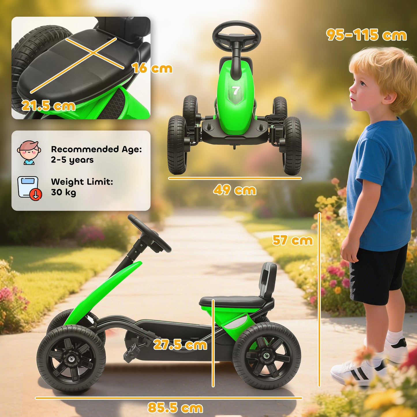 Pedal Go Kart for Kids 2-5 Years, with Silent EVA Wheels, Metal Frame