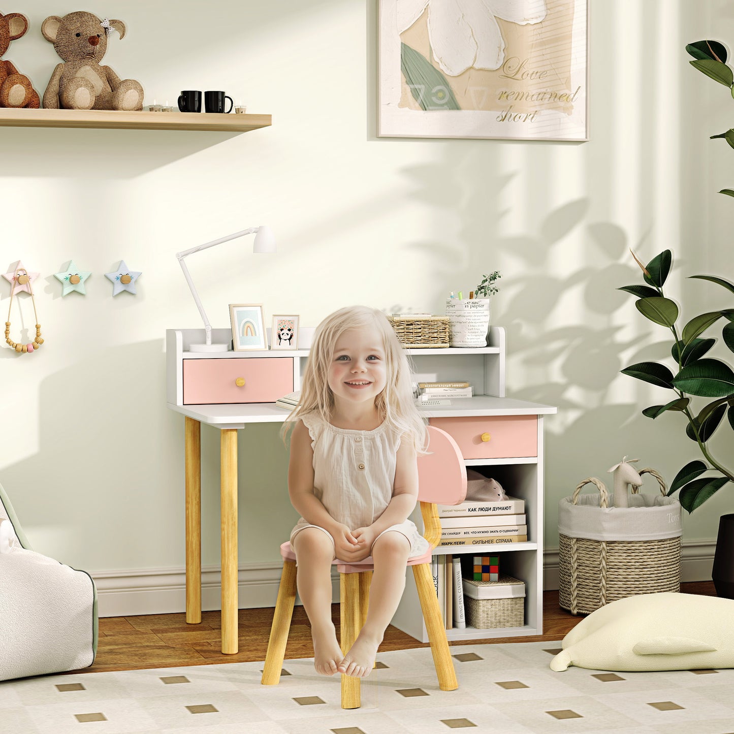 2 Pieces Children Study Table with Hutch