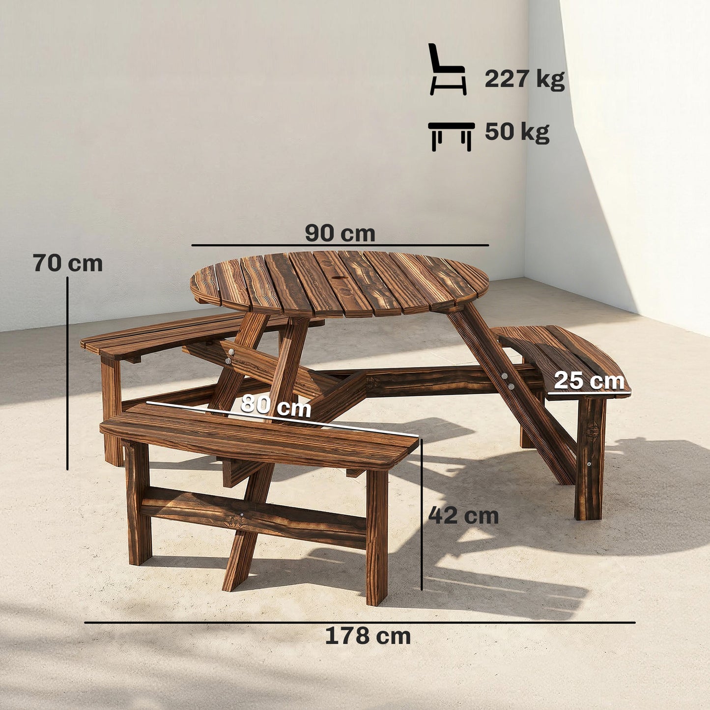 Wooden Garden Dining Set, 6 Seater Round Dining Picnic Table (2)