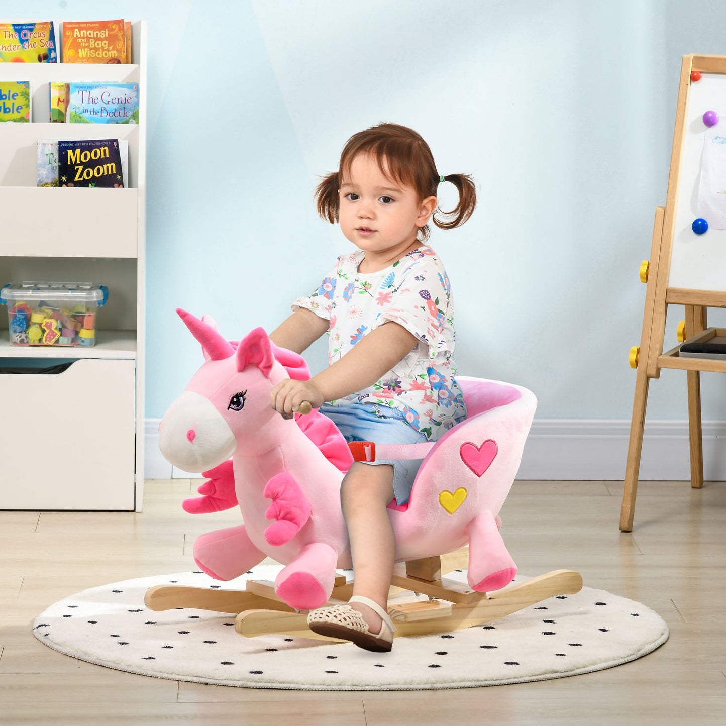 Kids Rocking Horse Ride on Unicorn with Songs, Wooden Base, Seatbelt