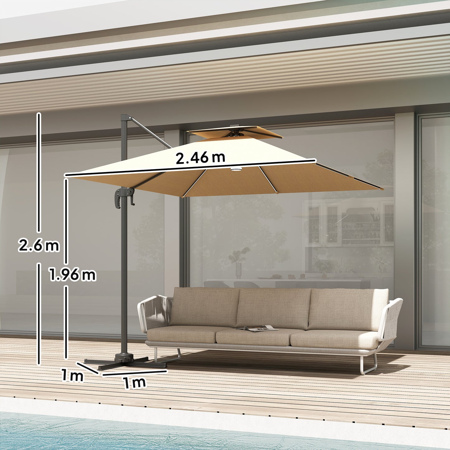 2.5m Cantilever Parasol with Solar Powered LED Lights, 360° Rotation