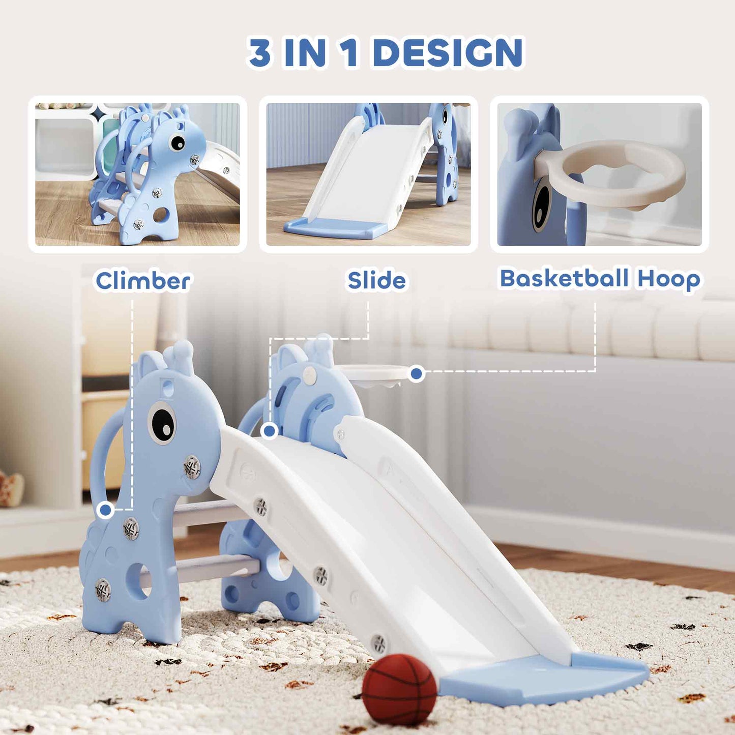 3 in 1 Kids Slide with Climber, Basketball Hoop and Ball