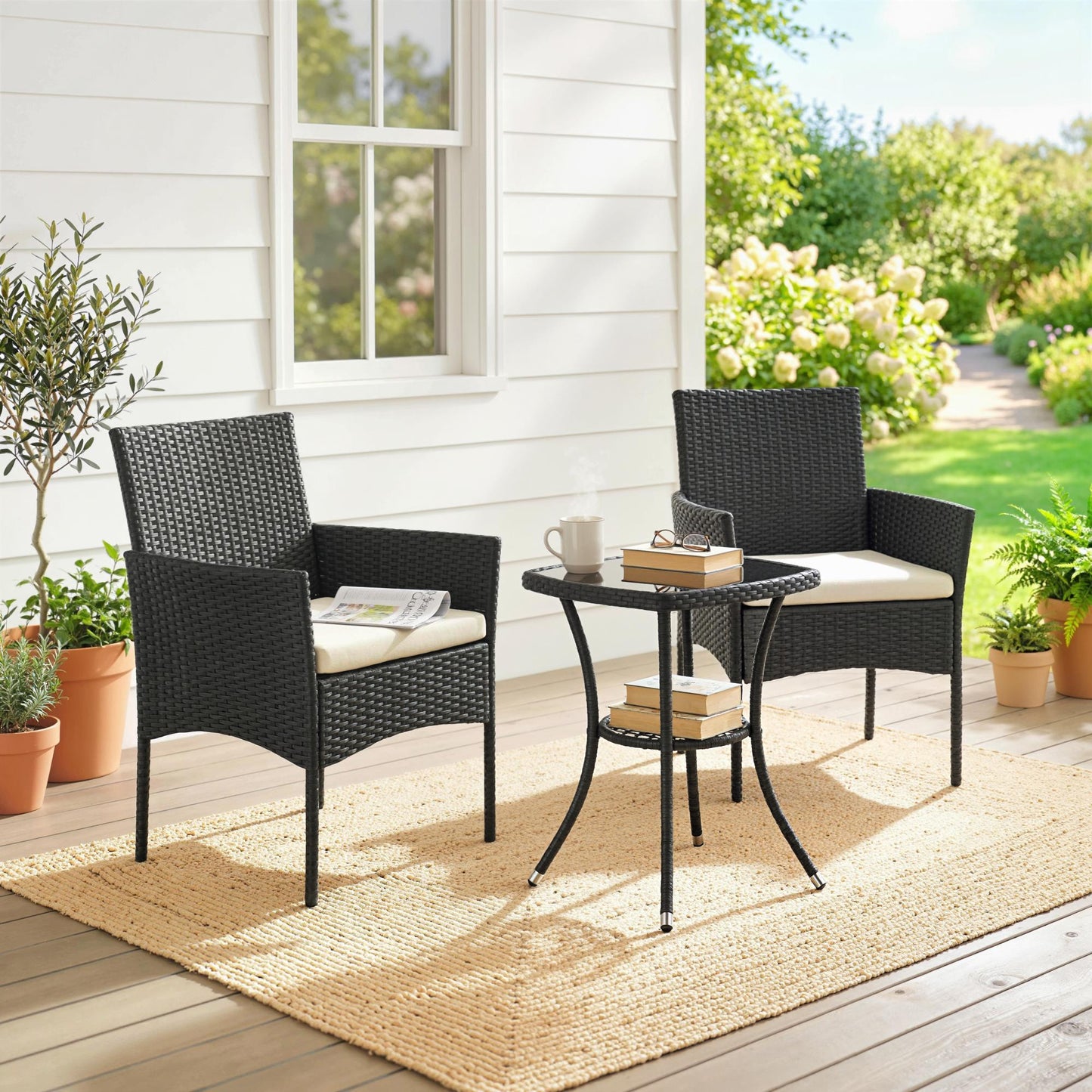 3 Piece Rattan Bistro Set, PE Wicker Garden Furniture Conversation