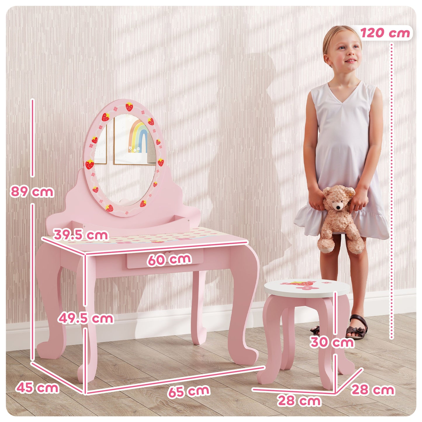 Kids Dressing Table Set, Vanity Table with Stool, Mirror, Drawer (1)