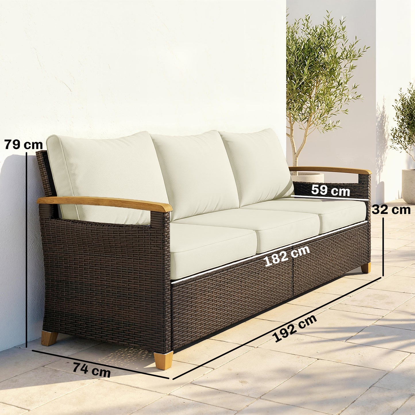 3 Seater Rattan Garden Sofa, PE Wicker Outdoor Sofa Wide Deep Seat