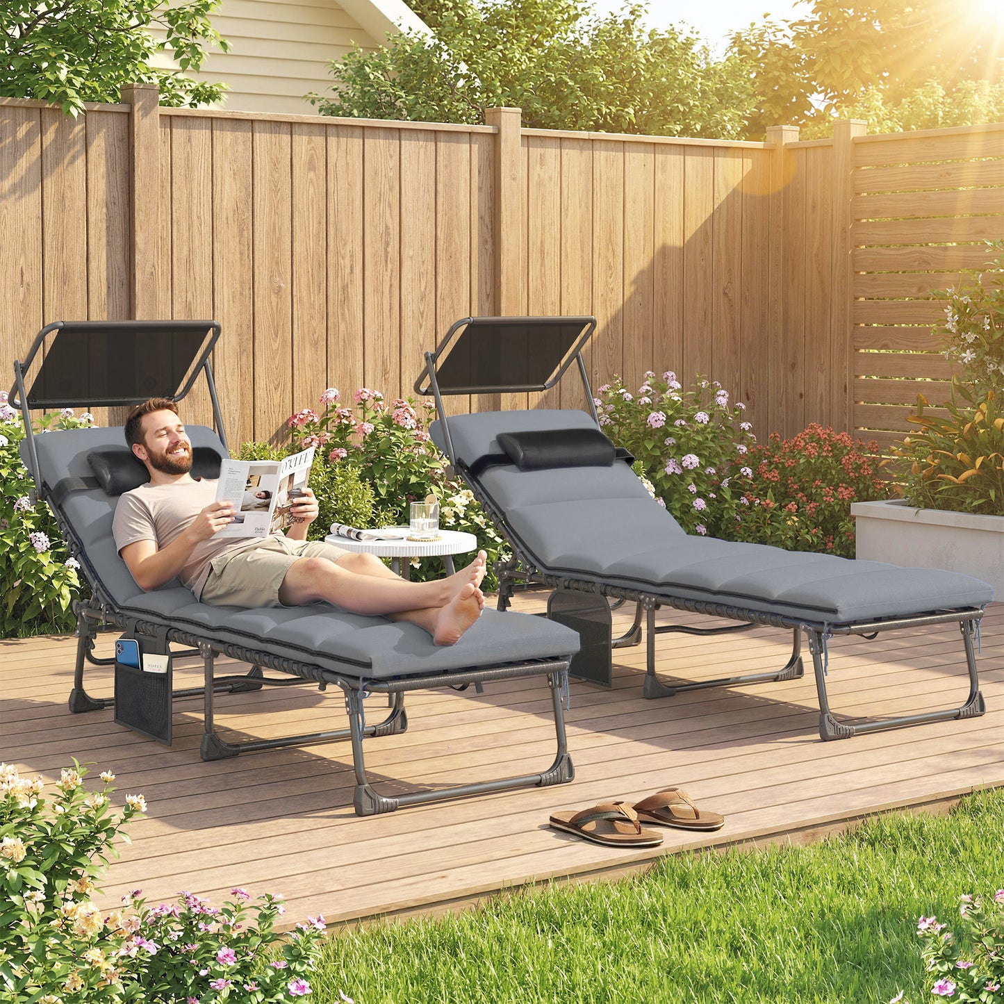 Folding Sun Loungers Set of 2 with Canopy