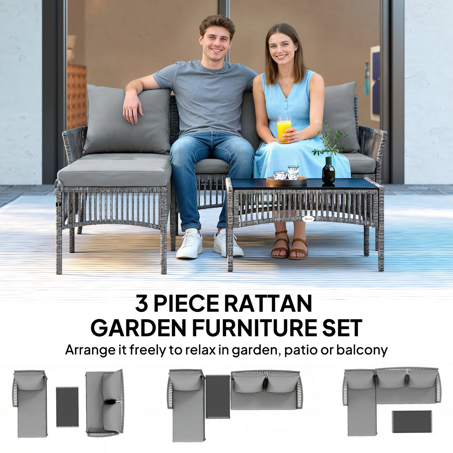 3 Piece Rattan Garden Furniture Corner Sofa Set with Chaise Lounge