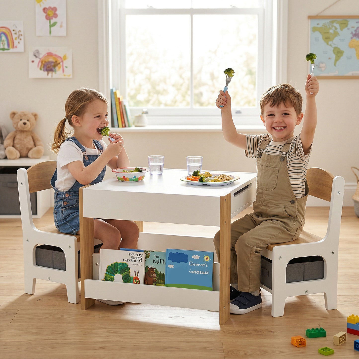 Three-Piece Kids Table and Chair Set with Blackboard, Storage