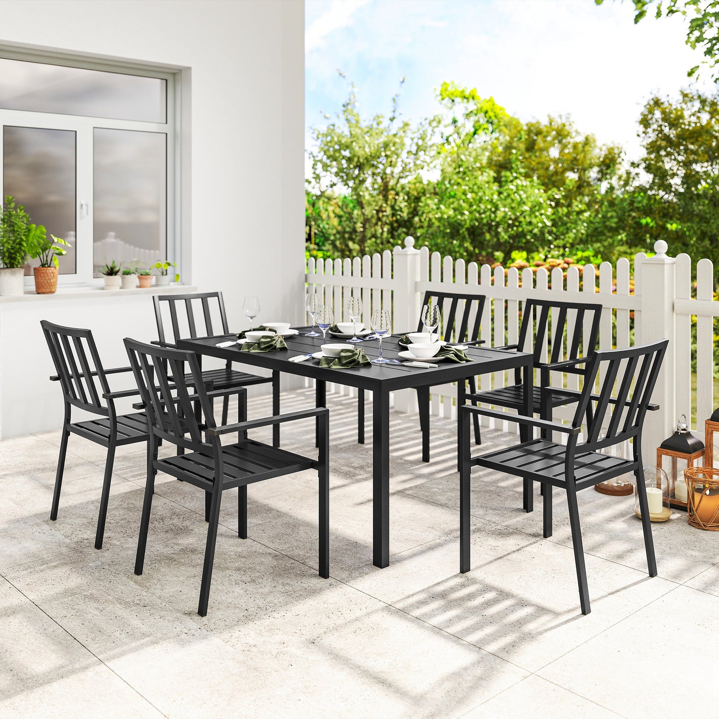 Seven-Piece Minimal Metal Garden Dining Set, with Parasol Hole
