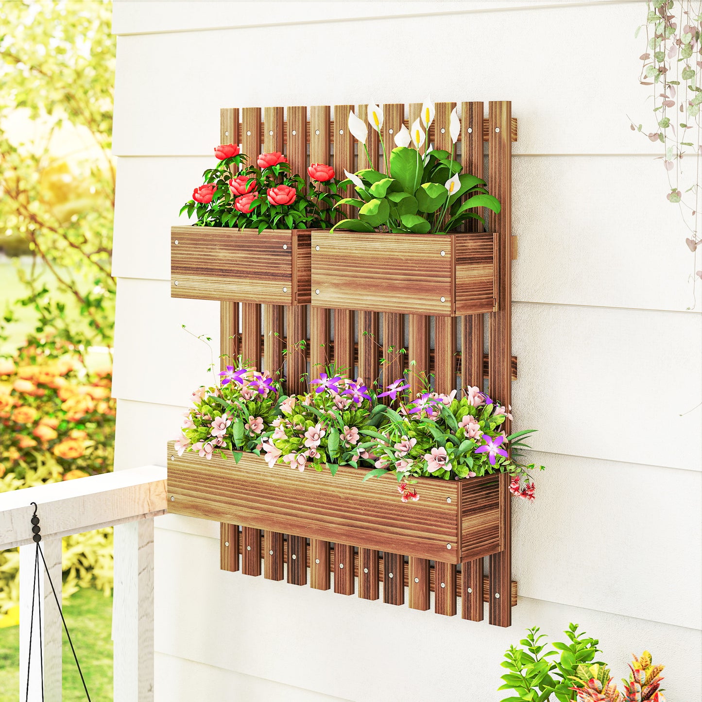 Set of 2 Wall-mounted Wooden Garden Planters with Trellis