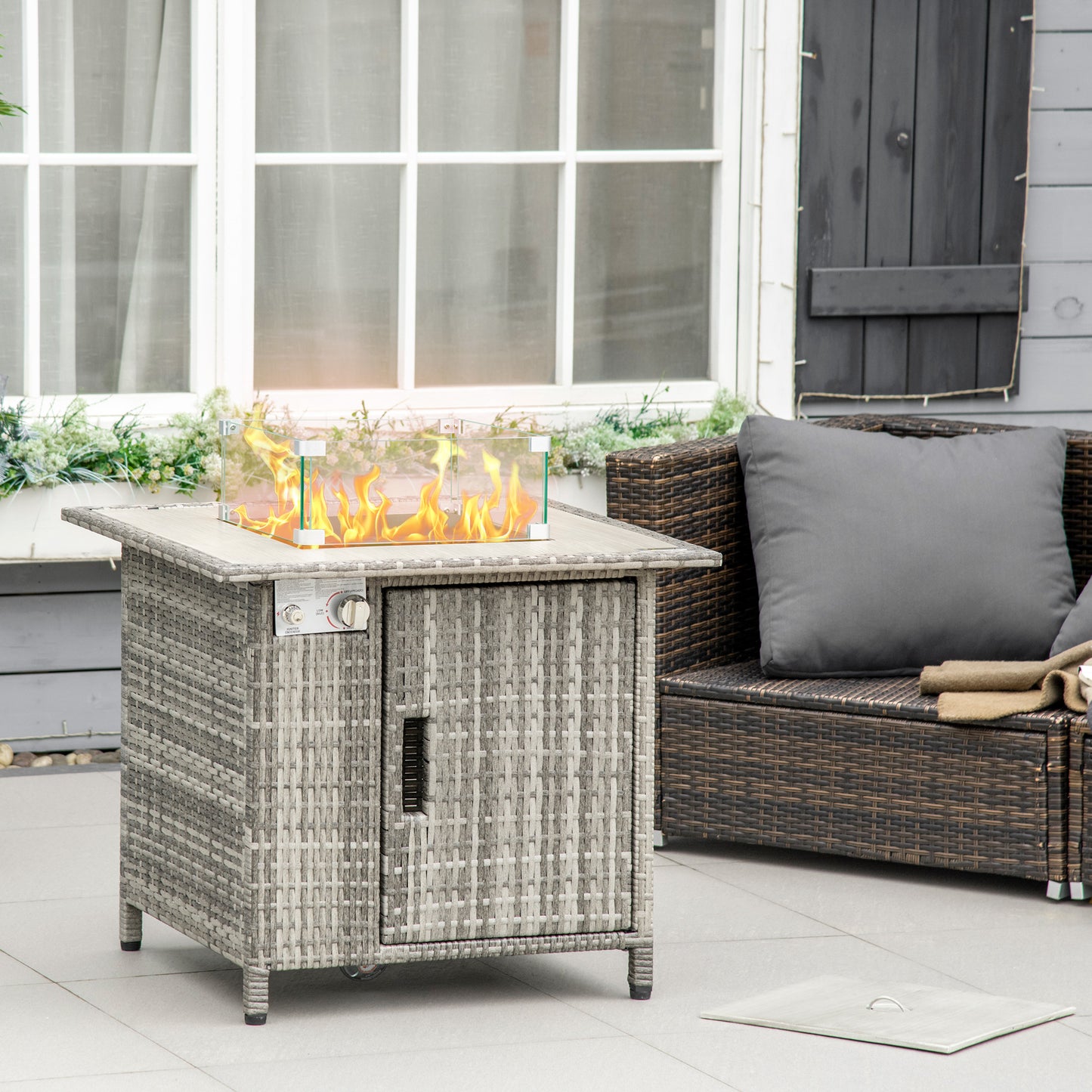 14.5 KW Rattan Gas Fire Pit Dining Table with Rain Cover, Wind Guard