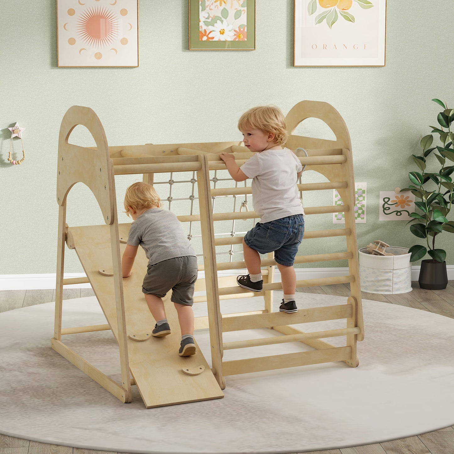 6 in 1 Kids Climbing Frame with Slide, Monkey Bars, Gymnastics Rings