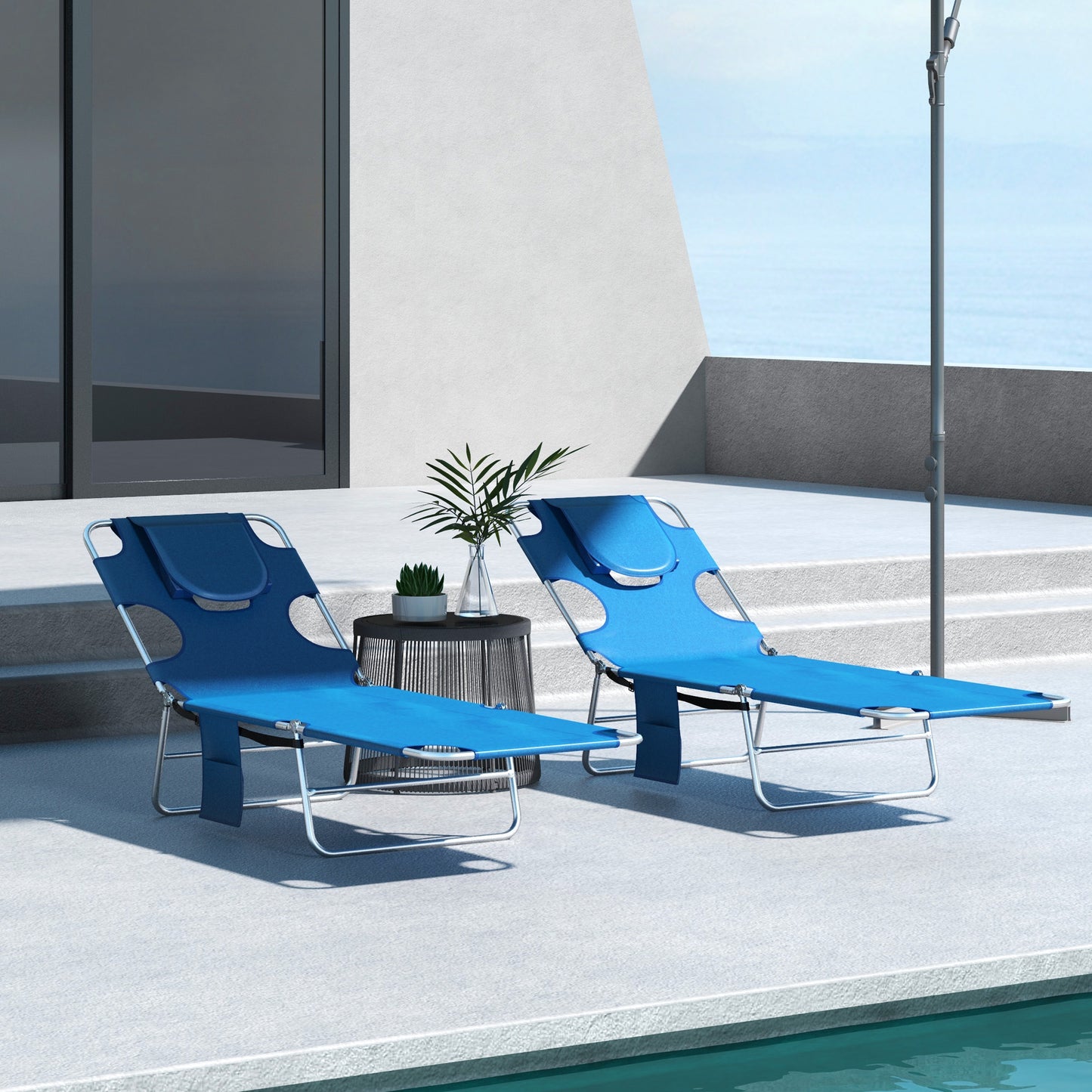Foldable Sun Lounger Set of 2 with Reading Hole