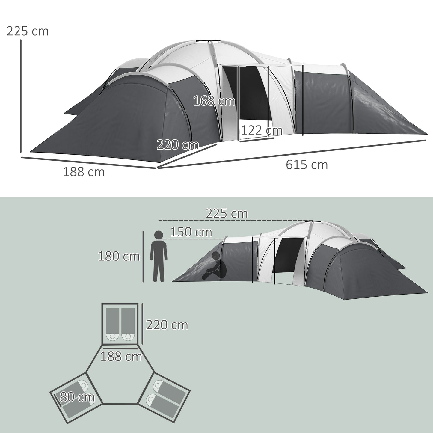 6-9 Man Tent with Bedrooms and Living Room, Accessories Included