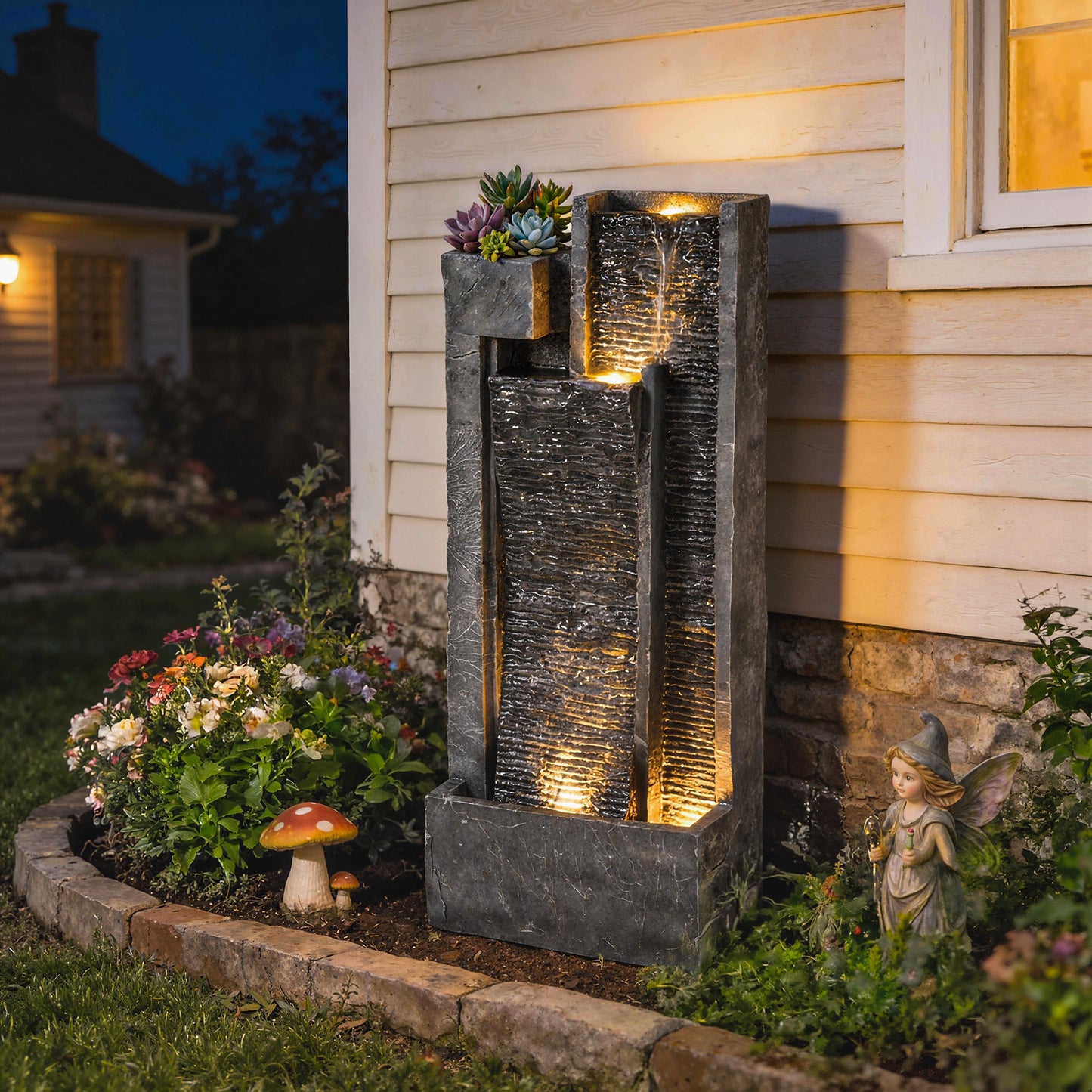 Water Feature with LED Lights and Planter