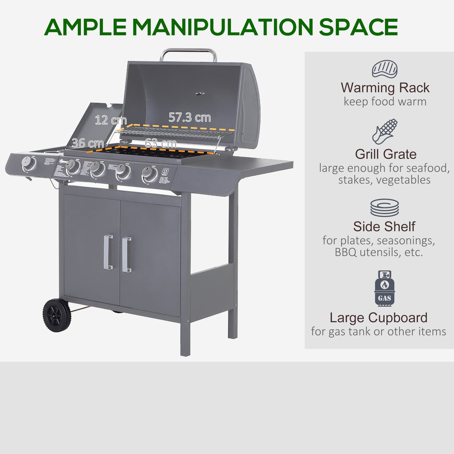 4+1 Burner Gas BBQ Grill, Outdoor Barbecue Trolley with Wheels