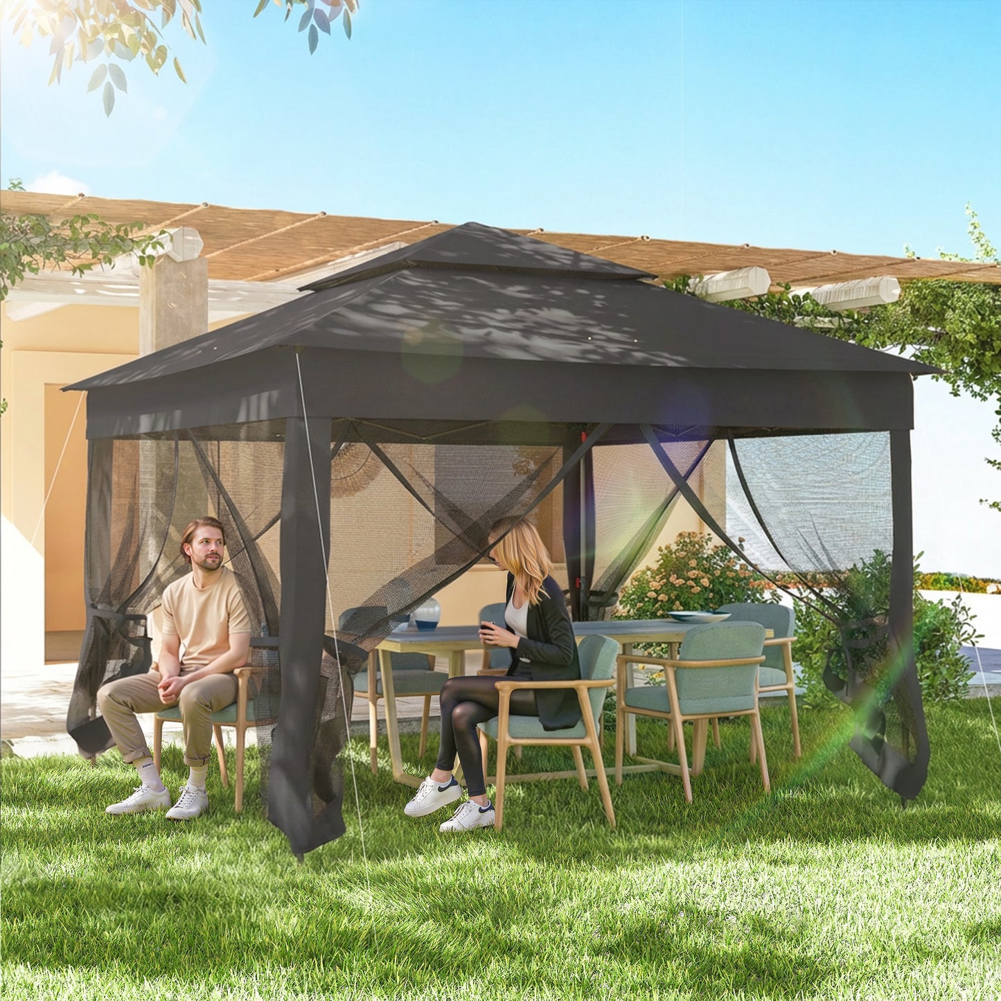 3 x 3(m) Pop Up Gazebo, Double-roof Garden Tent with Netting (1)