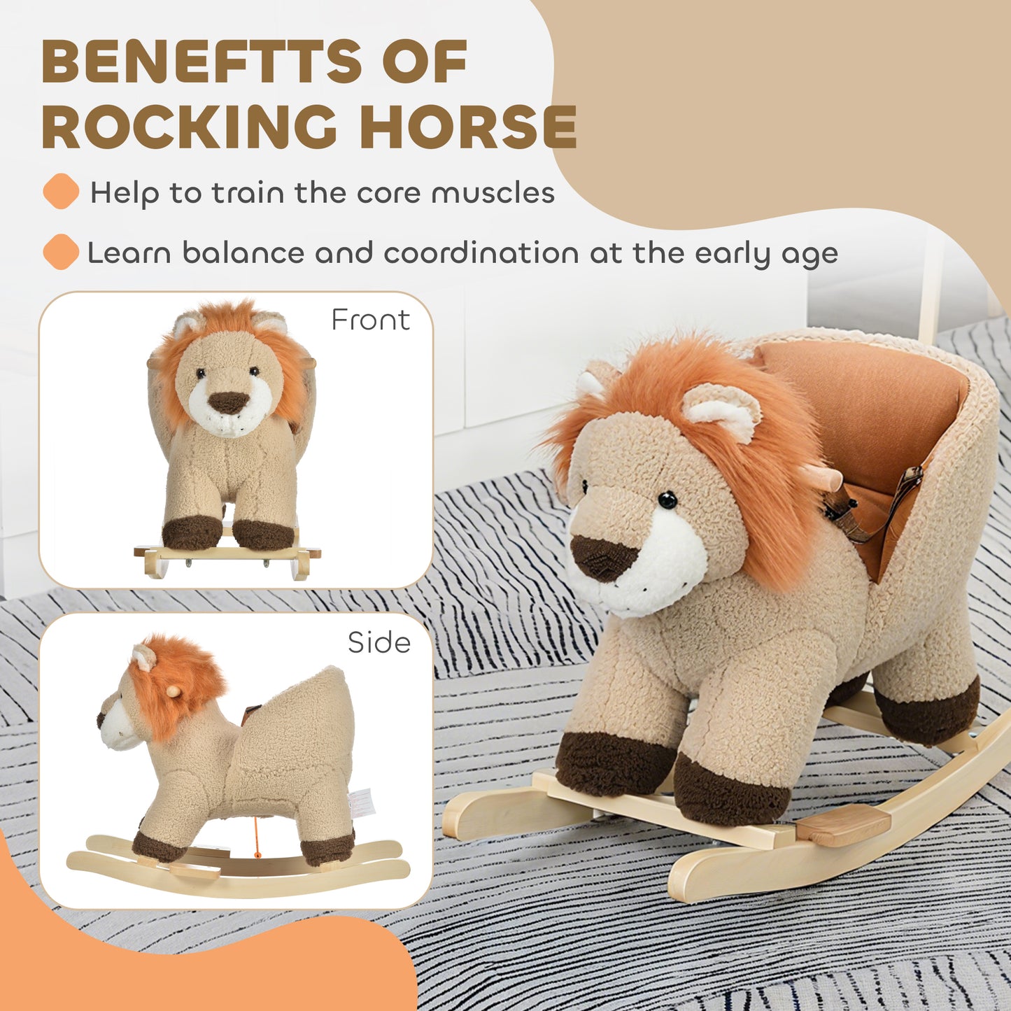 Kids Lion-themed Rocking Horse, with Roaring Sound Button, Seatbelt
