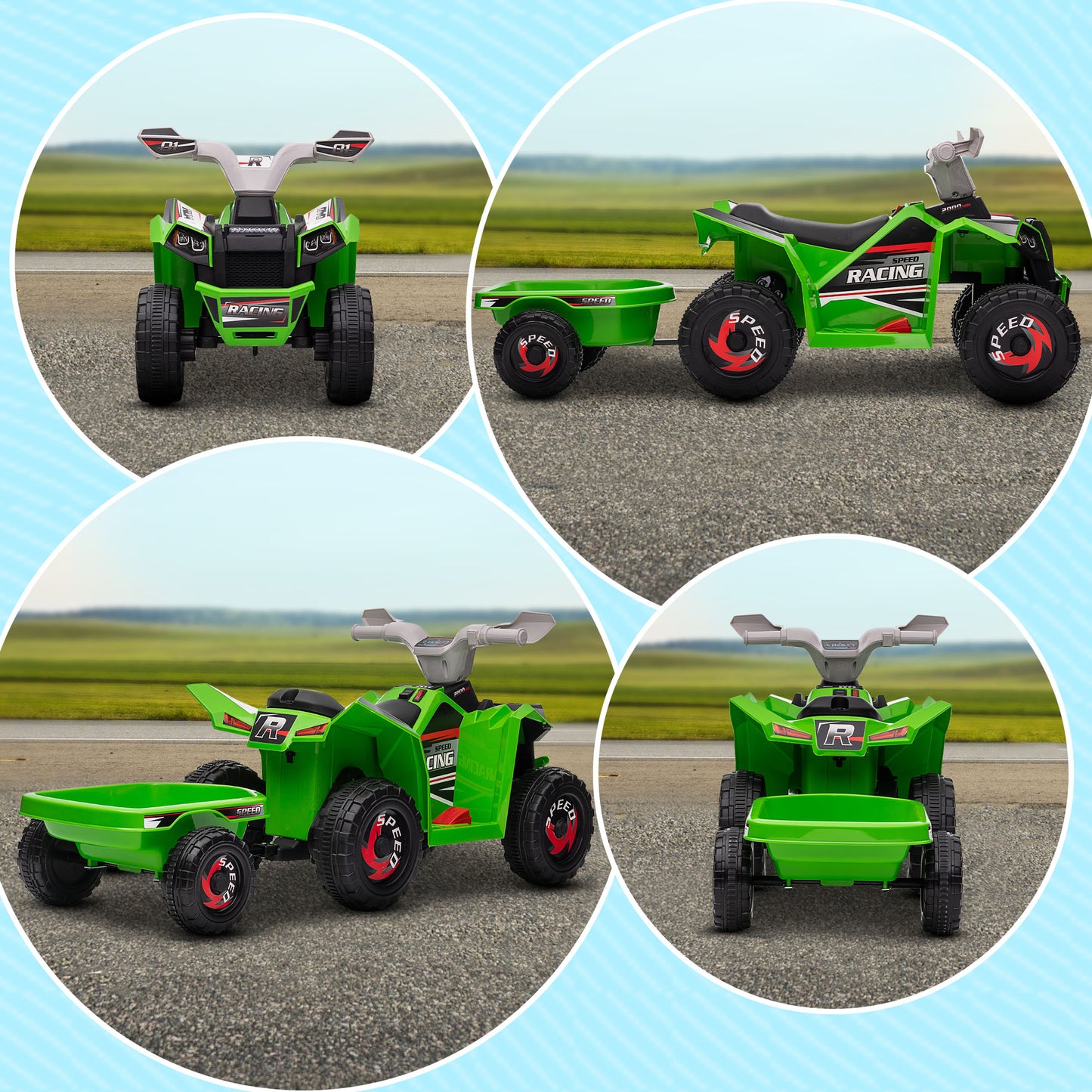 6V Quad Bike with Back Trailer, Wear-Resistant Wheels