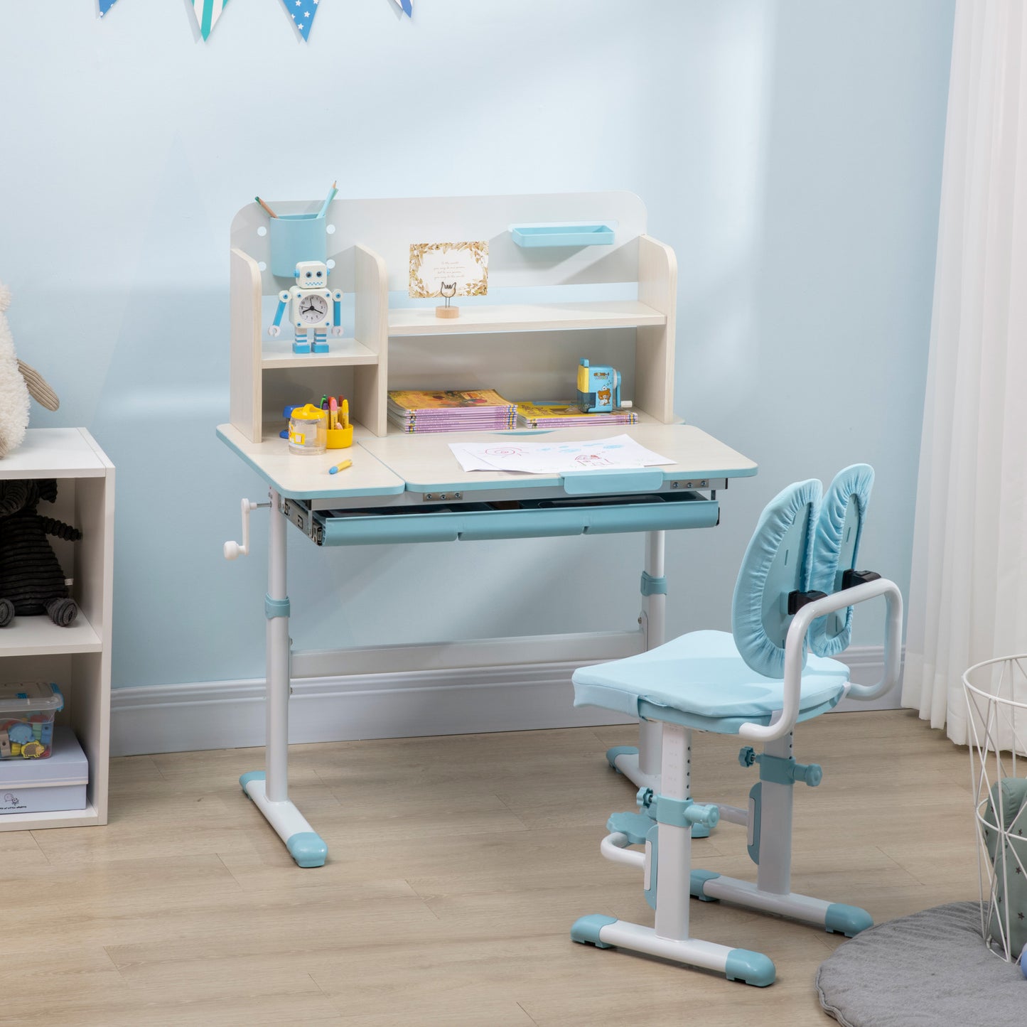 Kids Desk and Chair Set, with Storage Shelves, Washable Cover