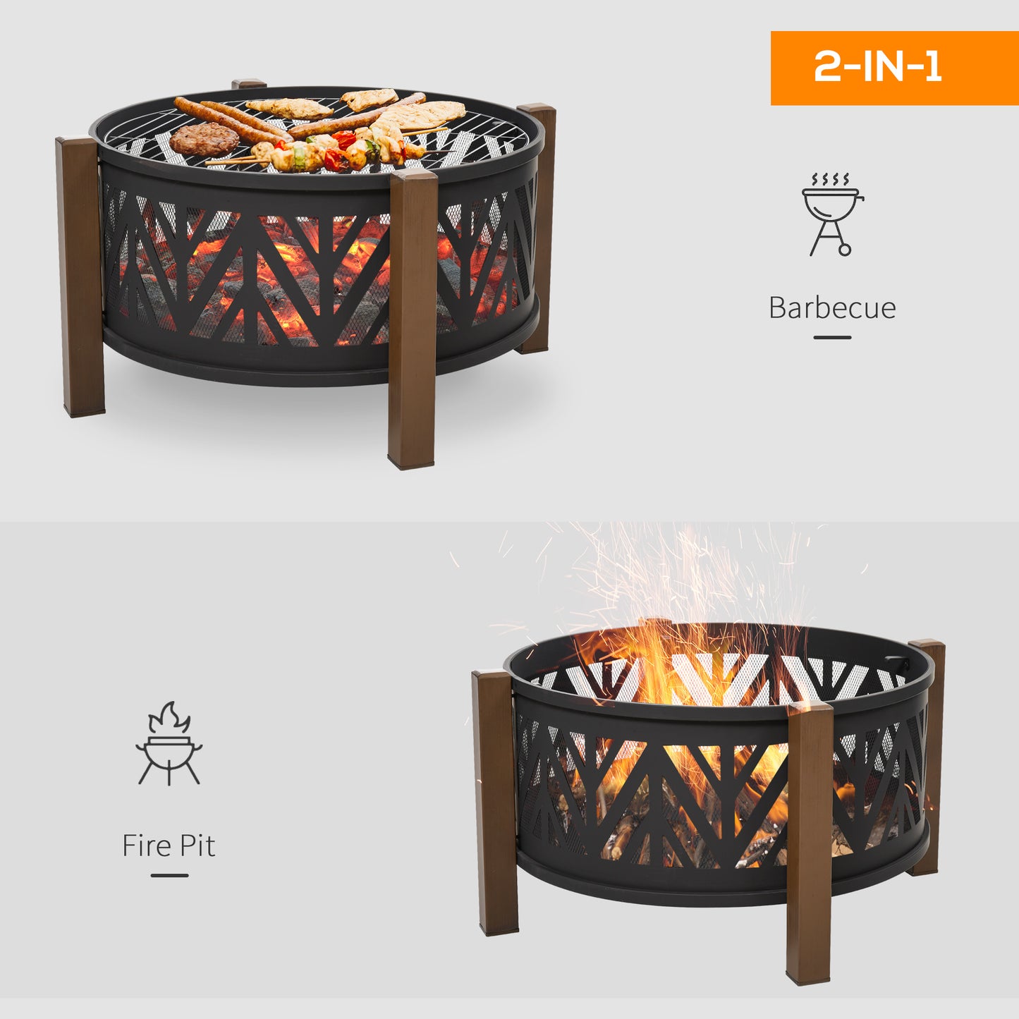 Metal Large Firepit Bowl Outdoor 2-In-1 Round Fire Pit Brazier w/