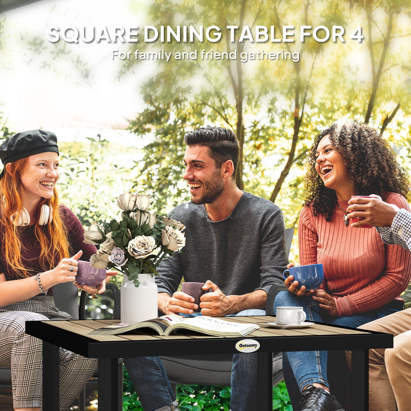 Square Garden Dining Table with 5.4cm Parasol Hole, Slatted Top