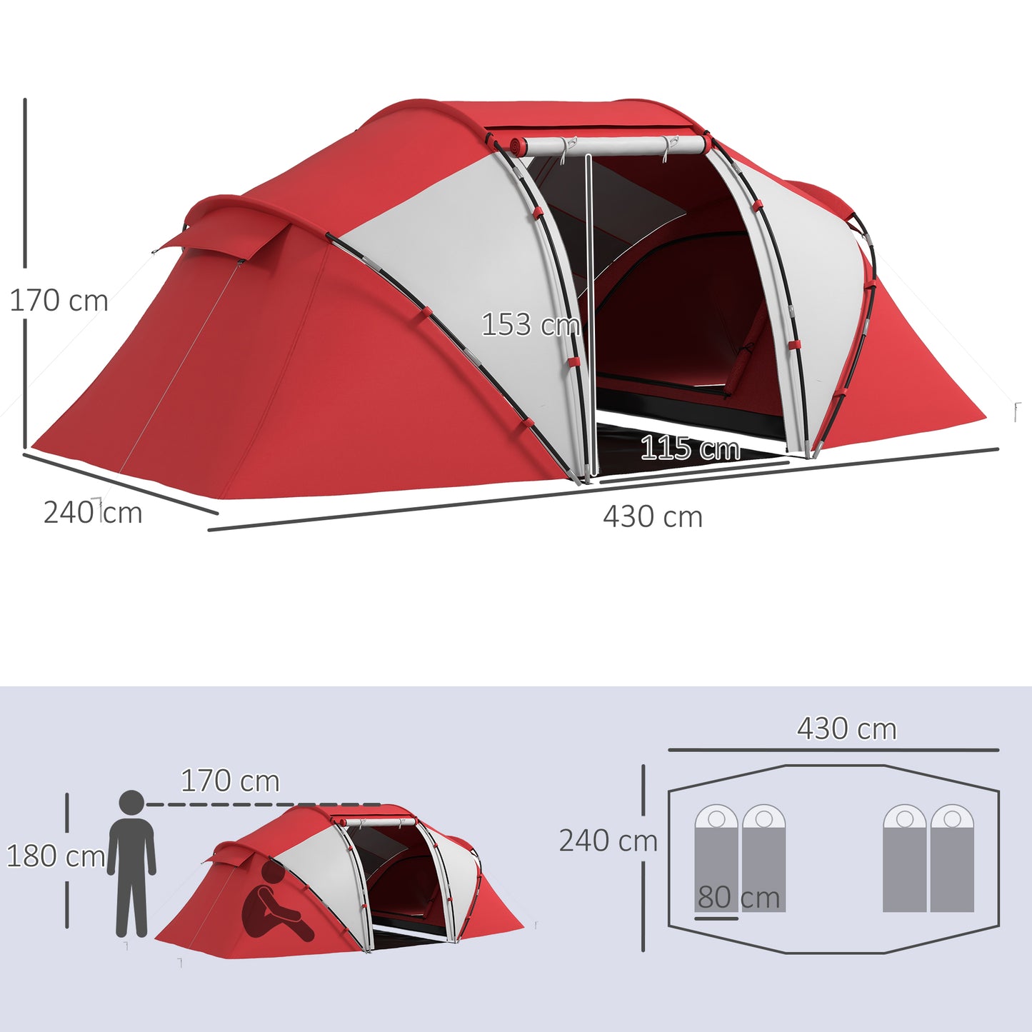 4-6 Man UV Protection Camping Tent - Grey and