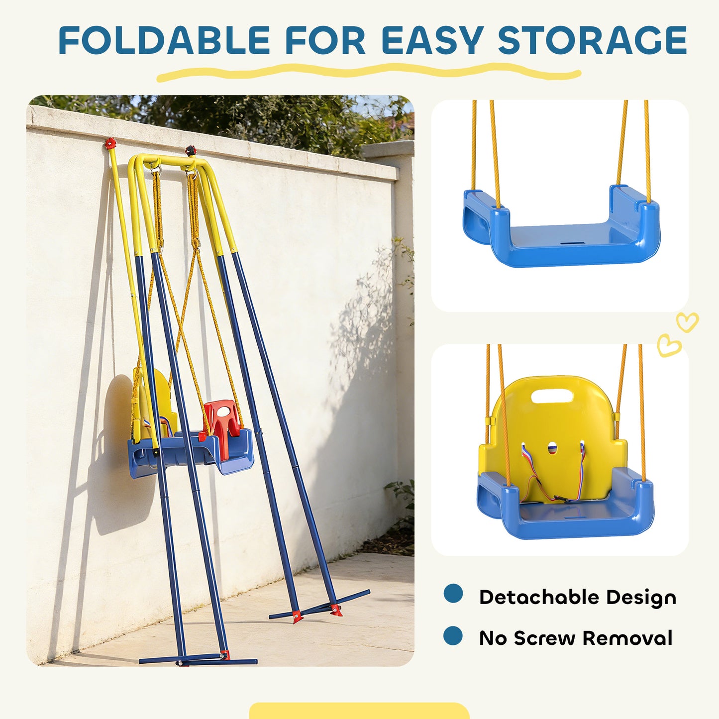 3 in 1 Toddler Swing Set, Folding Child Swing Set with Seat Belt