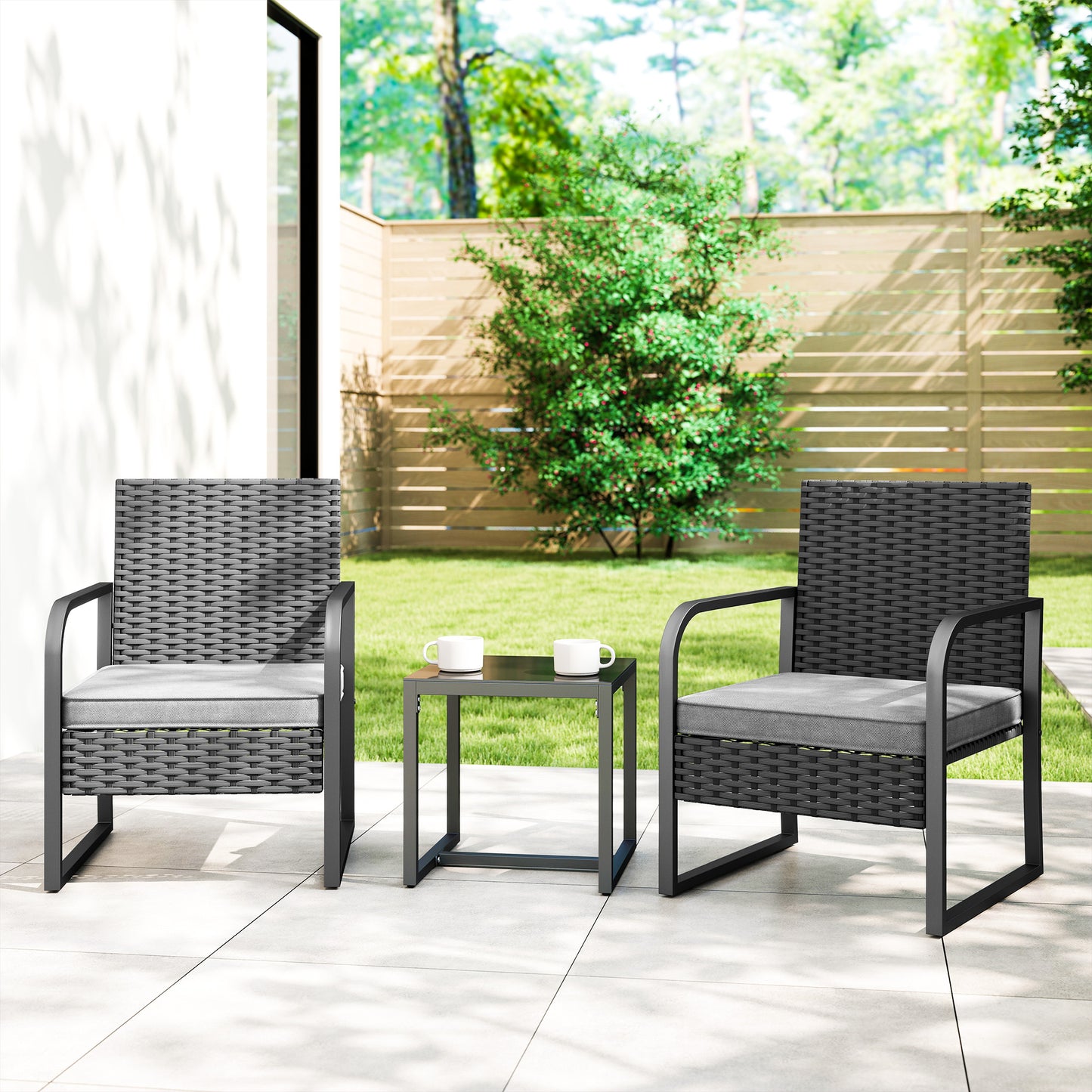 Rattan Bistro Set, 3 Piece Garden Furniture Set with Cushions
