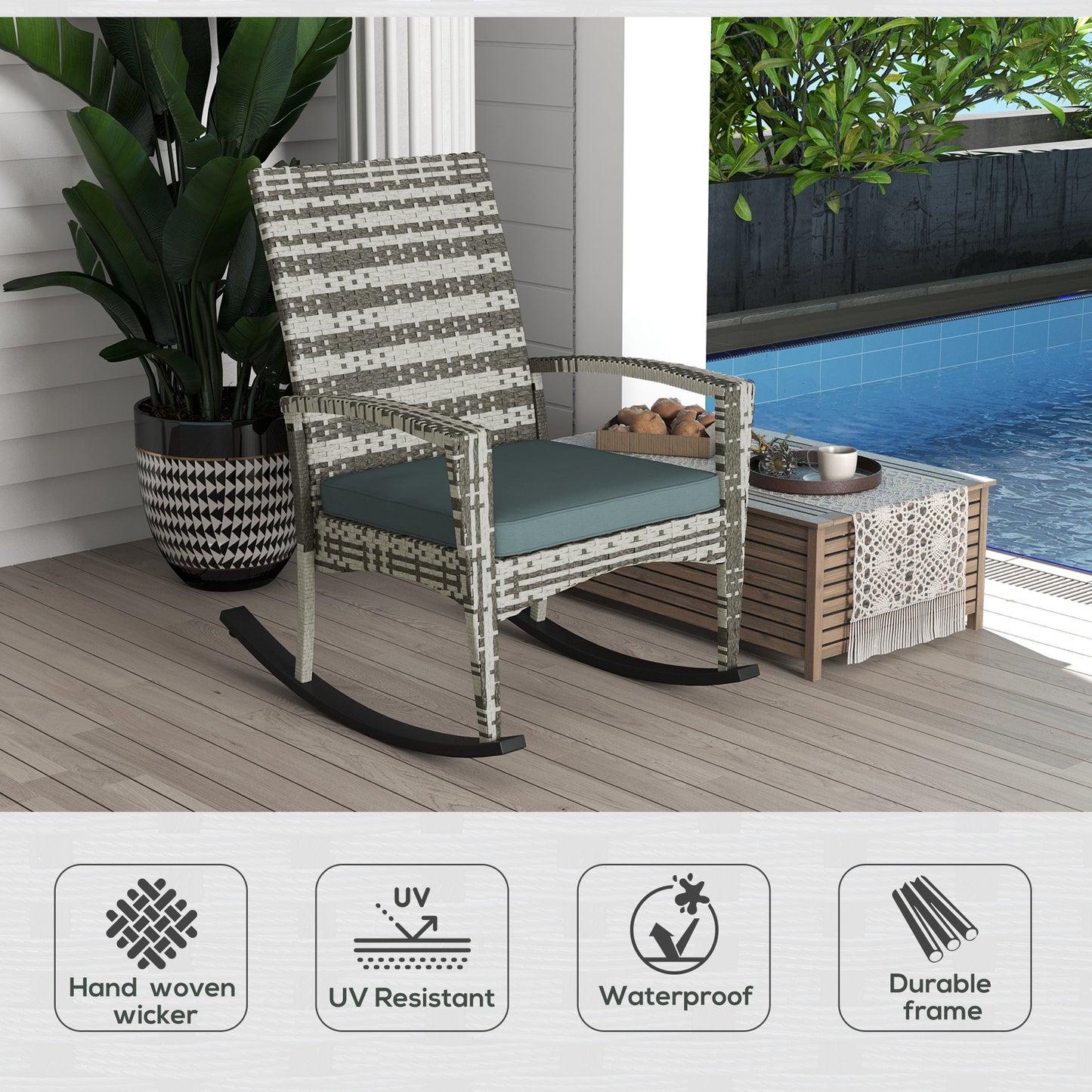 PE Rattan Garden Rocking Chair, Outdoor Rocking with Cushion