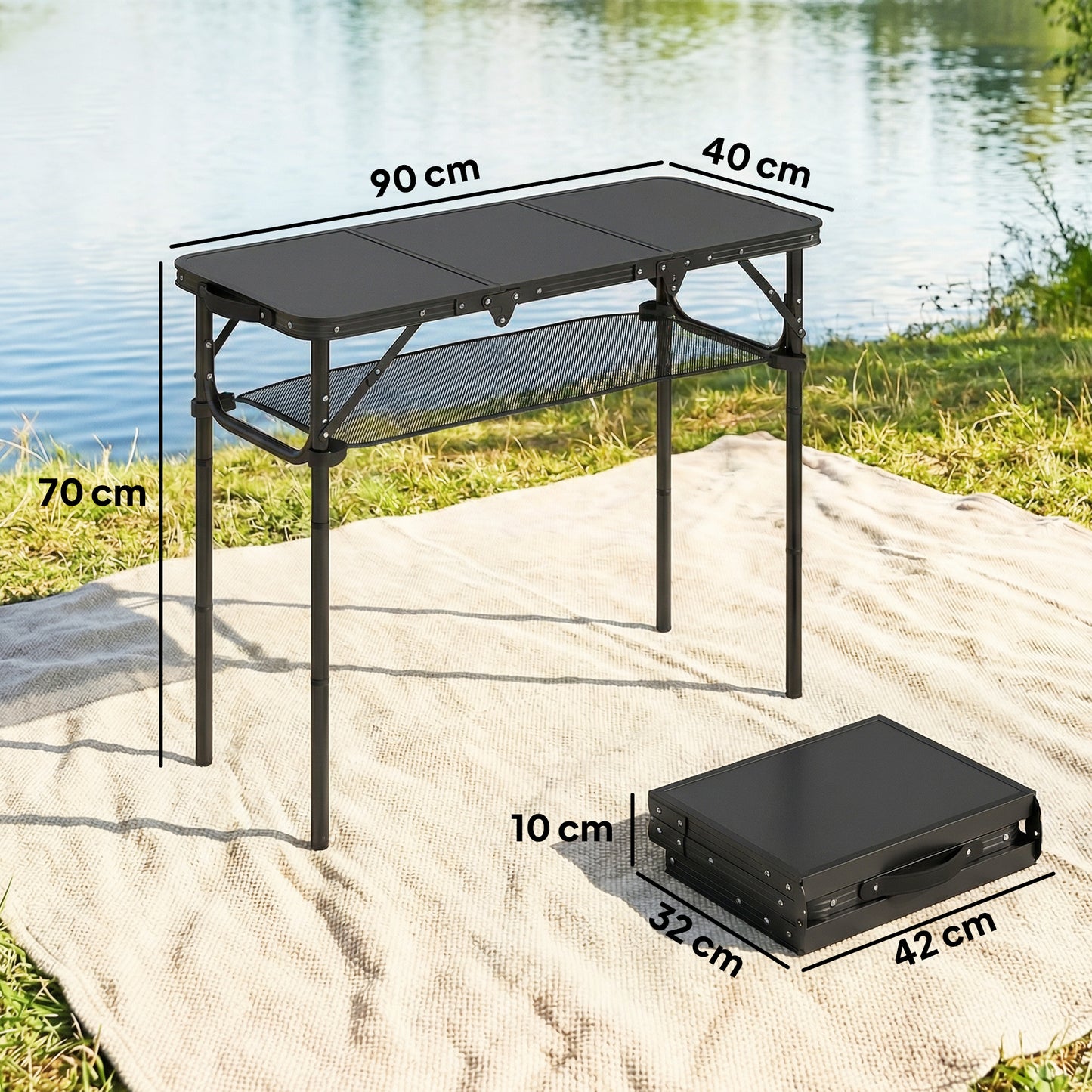 3ft Folding Camping Table, Picnic Table with Mesh Storage Layer