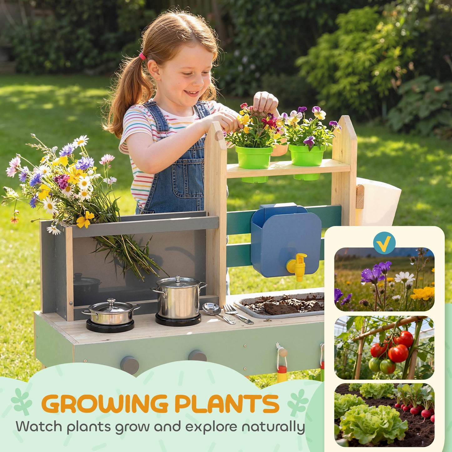 Mud Kitchen with Working Faucet, Kids Play Kitchen with Flower Pots