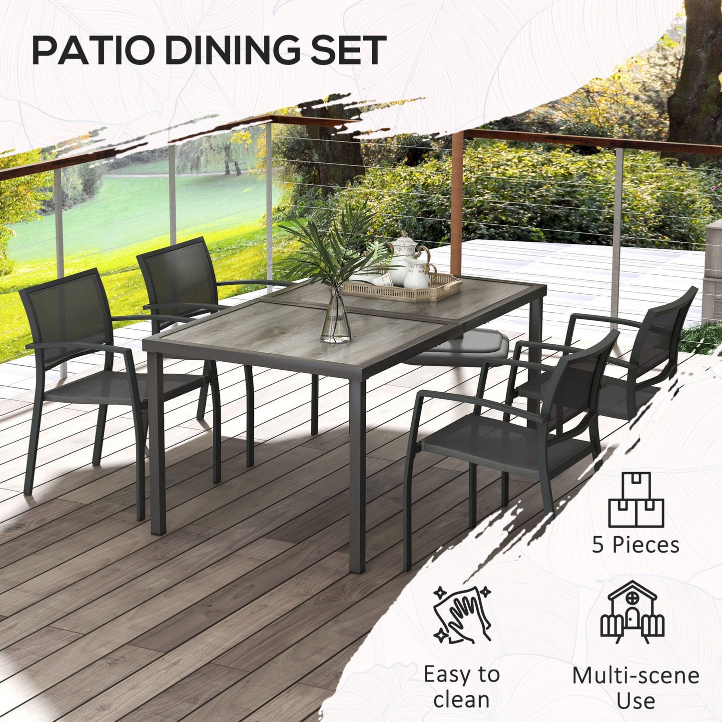 Five-Piece Casual Outdoor Dining Set, with Wood-Effect Table