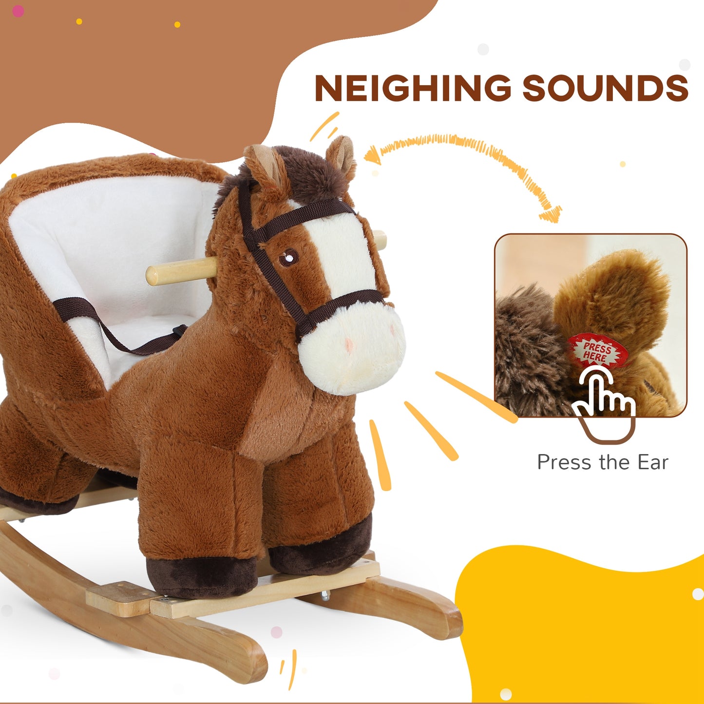 Kids Rocking Horse, Plush Ride on Horse, with Sound, Wood Base