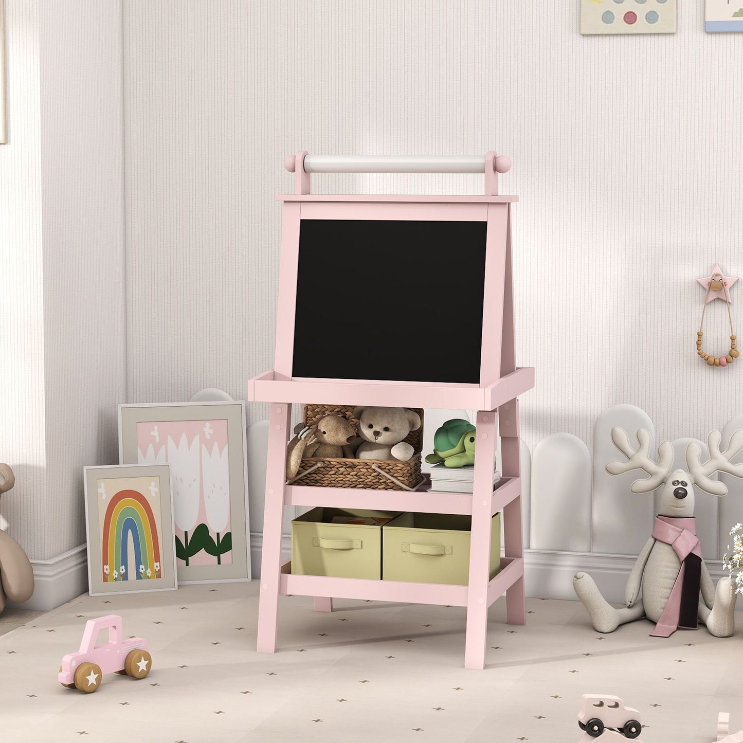 3 in 1 Kids Easel Double-Sided Magnetic Whiteboard and Chalkboard