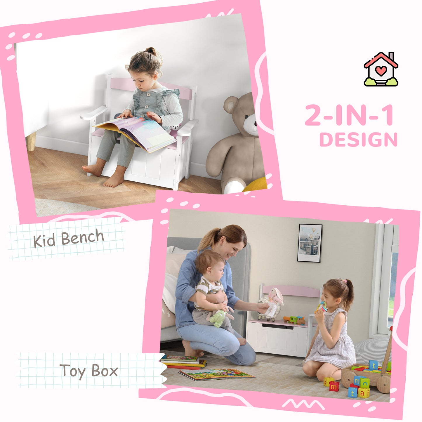 2-in-1 Toy Box for Kids with Lid for Bedroom, Nursery, Playroom