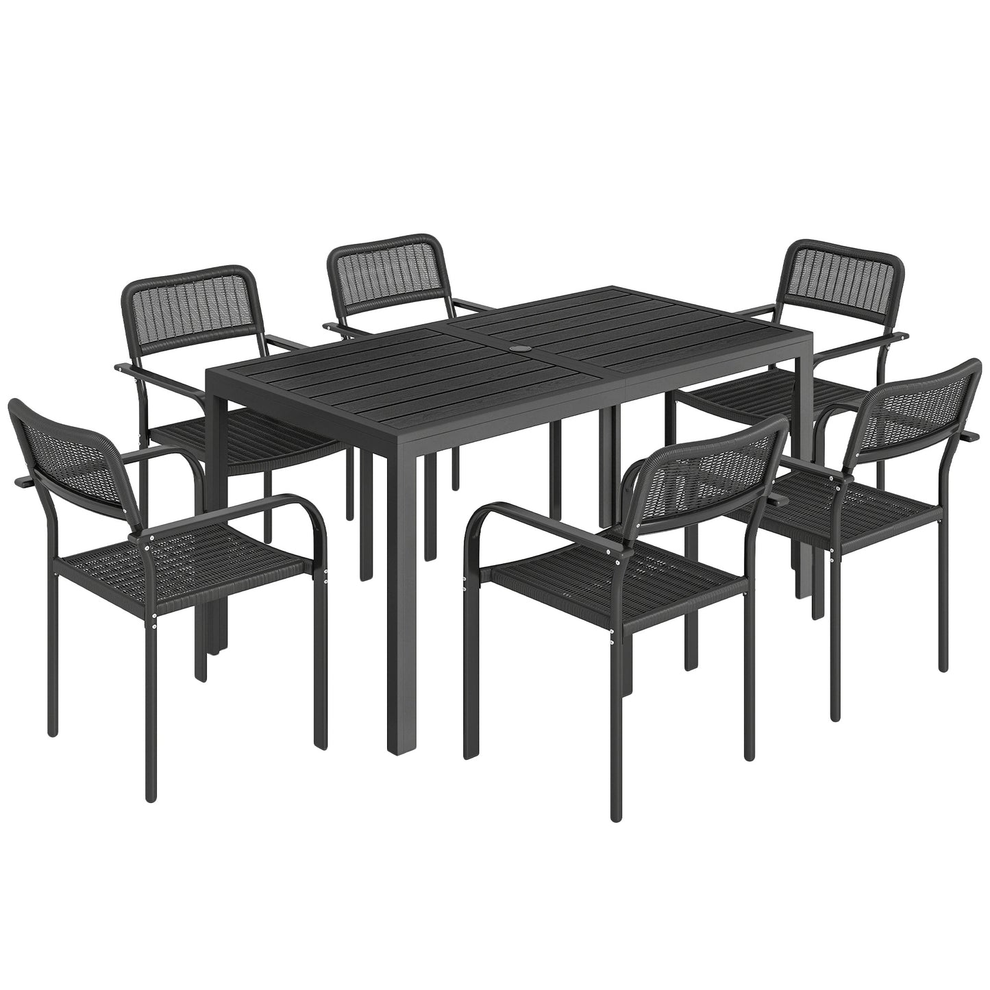 Garden Dining Set for 6, Faux Wood Metal Outdoor Table