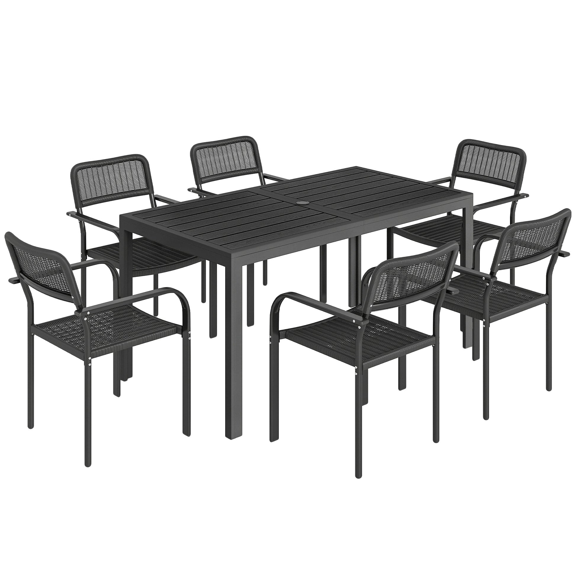 Garden Dining Set for 6, Faux Wood Metal Outdoor Table