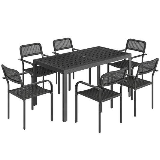 Garden Dining Set for 6, Faux Wood Metal Outdoor Table