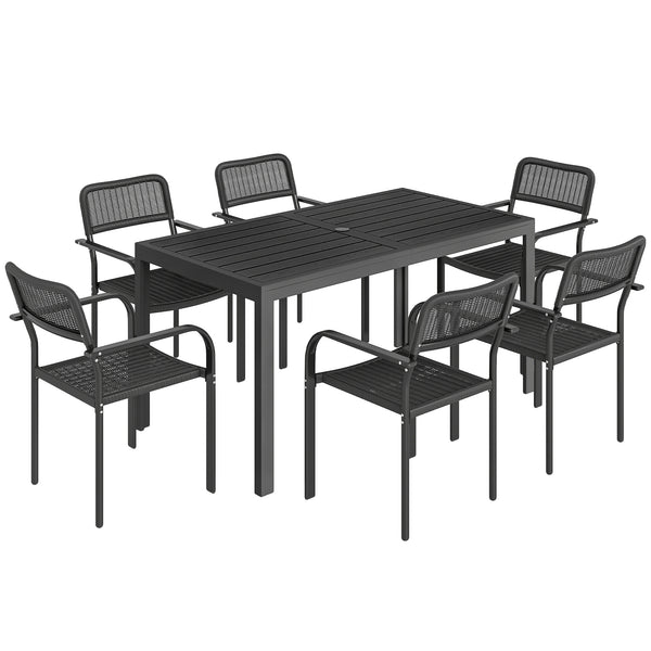 Garden Dining Set for 6, Faux Wood Metal Outdoor Table