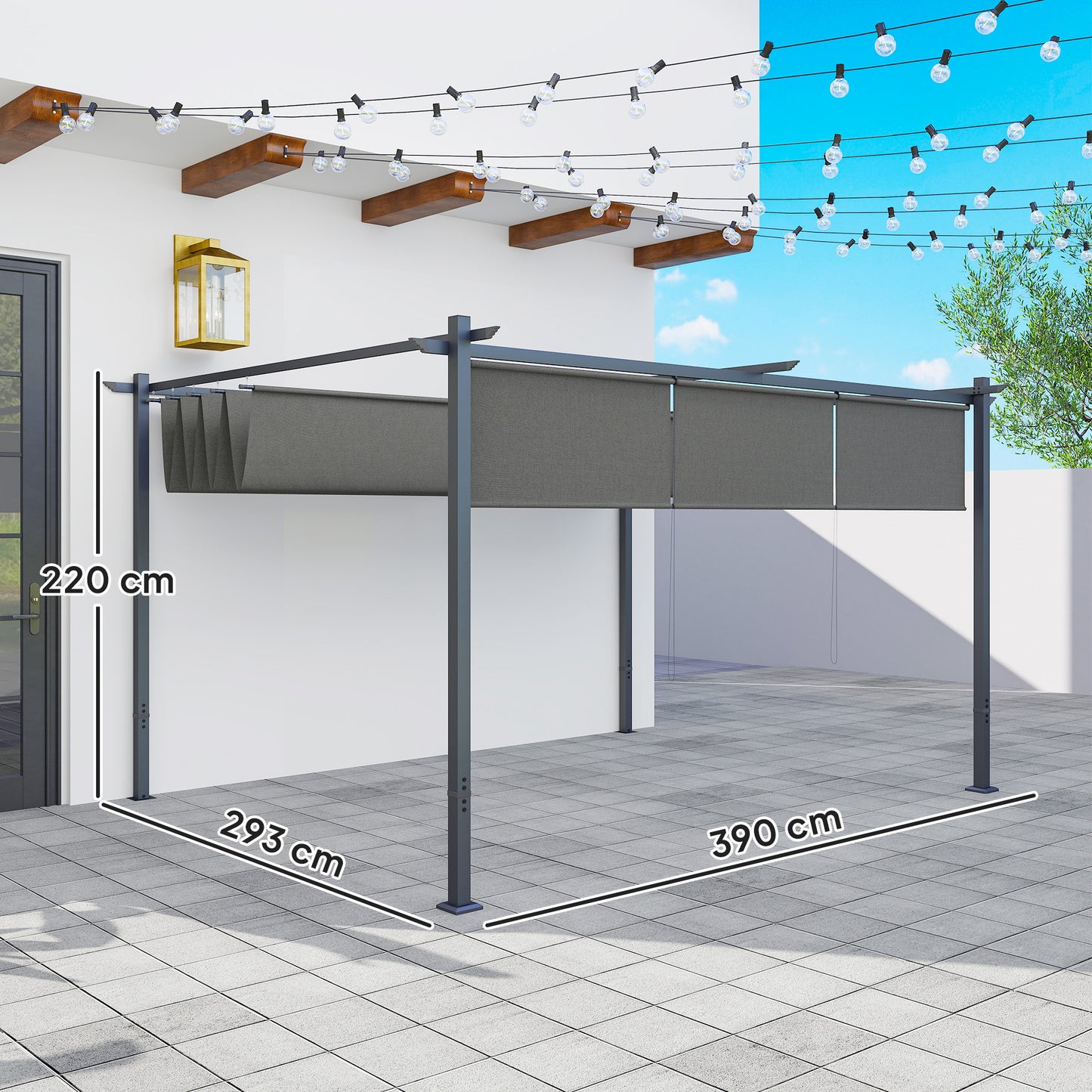 3 x 4m Metal Pergola with Retractable Roof and Roller Shade
