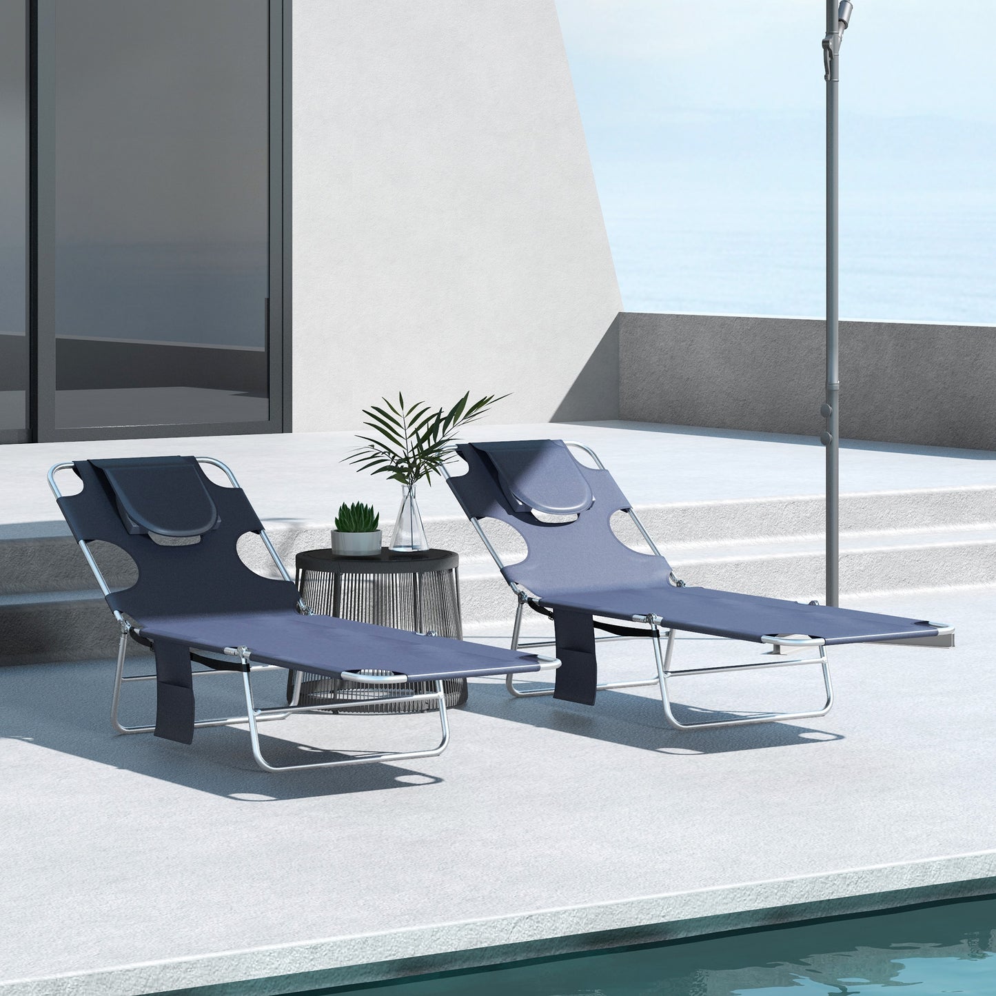 Foldable Sun Lounger Set of 2 with Reading Hole