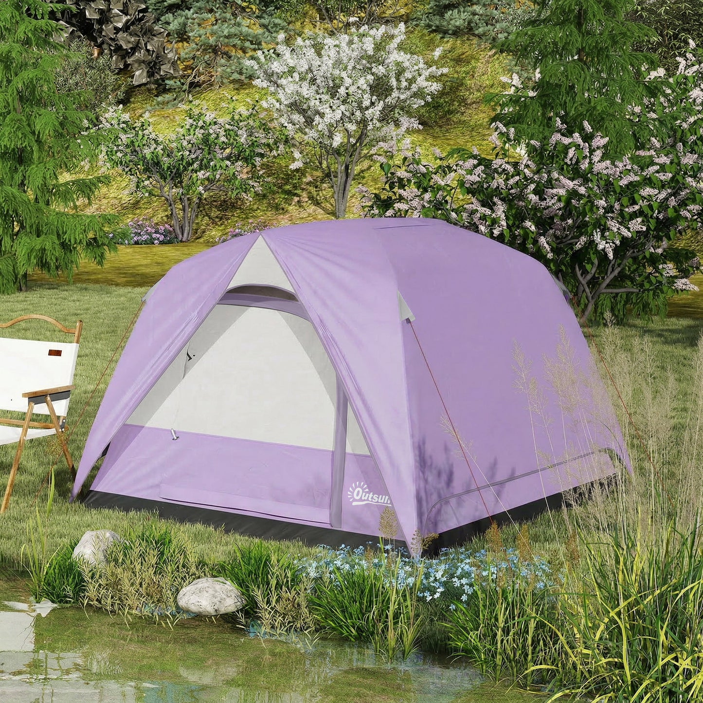 3-4 Person Camping Tent, Easy Set Up 3-4 Man Tent w/ Sewn-in