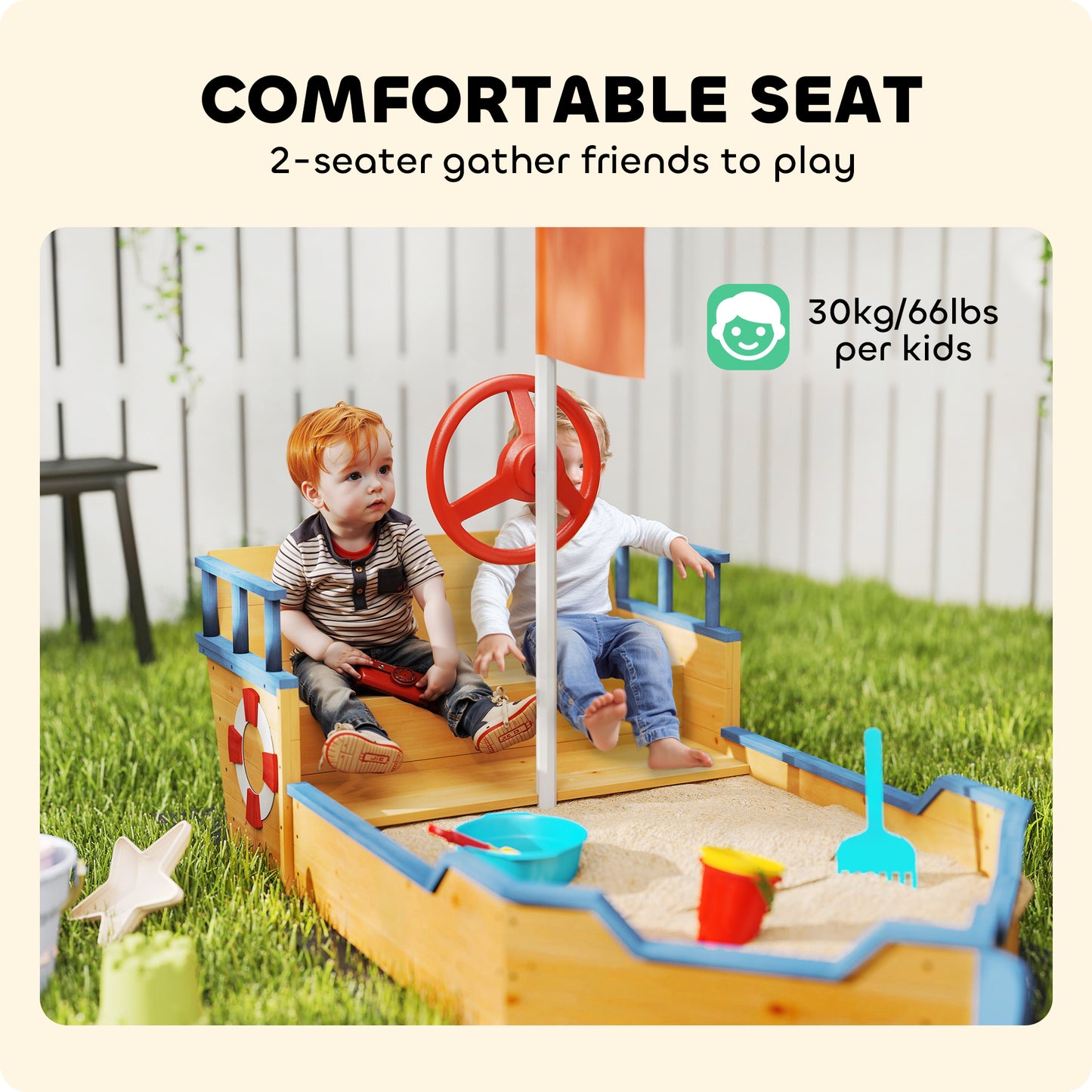 Kids Sand Pit, Children Pirate Ship Sandbox with Bench, Bottom Liner