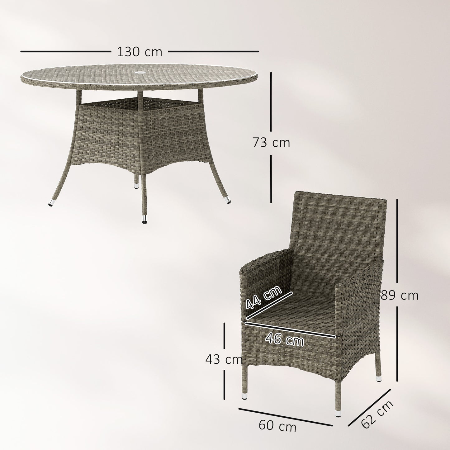 Seven-Piece Rattan Dining Table, with Round Glass-Top Table