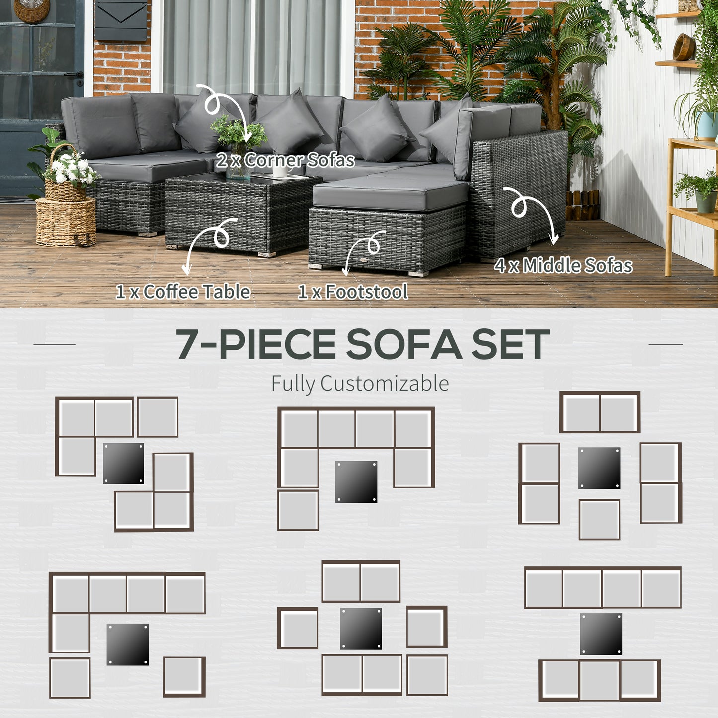 8 Pieces PE Rattan Corner Sofa Set, Outdoor Garden Furniture Set